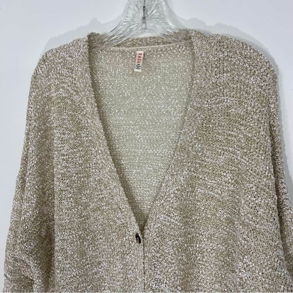 Raga Metallic Button Down Cardigan Sweater Beige Size Medium - Picture 3 of 7